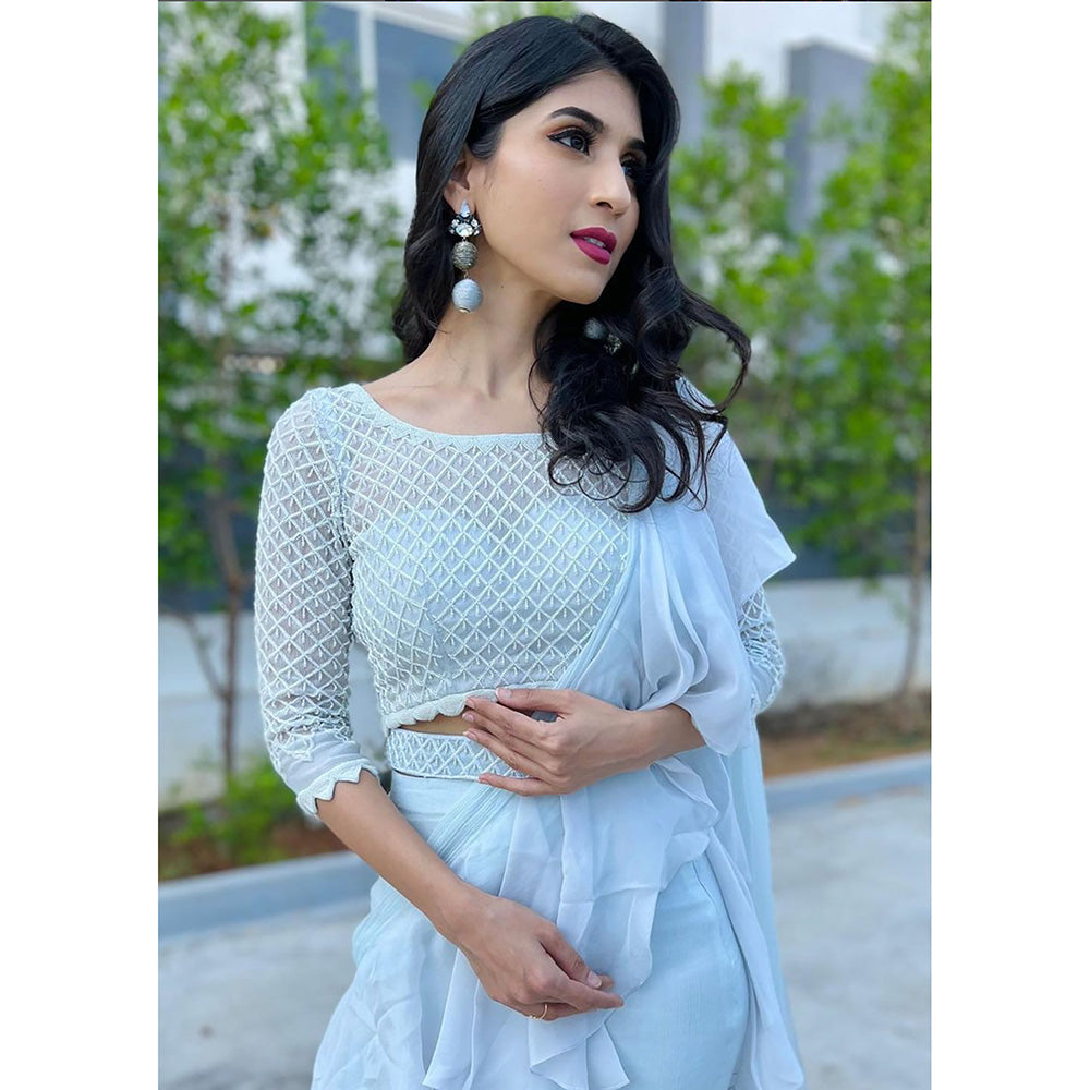 LABEL KIARSH Pale Turquoise Blue Ruffled Pre-Draped Saree Belt with Stitched Blouse