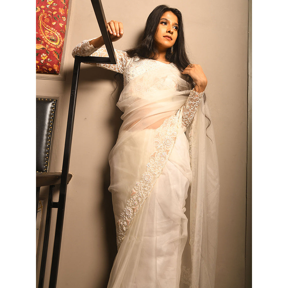 LABEL KIARSH Pearl White Embellished Saree with Stitched Blouse