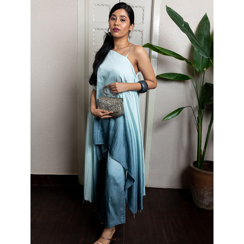 LABEL KIARSH Ombre Ocean Blue One Shoulder Flared Co-Ord (Set of 2)