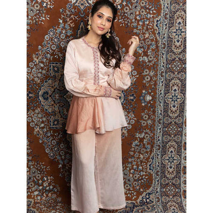 LABEL KIARSH Peach Pink Ombre Embellished Peplum Top with Flared Pants (Set of 2)