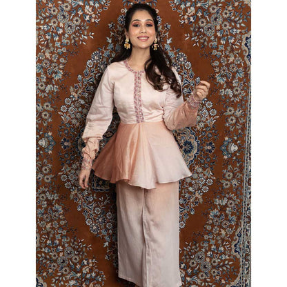LABEL KIARSH Peach Pink Ombre Embellished Peplum Top with Flared Pants (Set of 2)