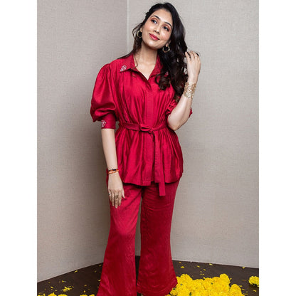 LABEL KIARSH Red Puffed Sleeved Pintuck Shirt Co-Ord (Set of 2)