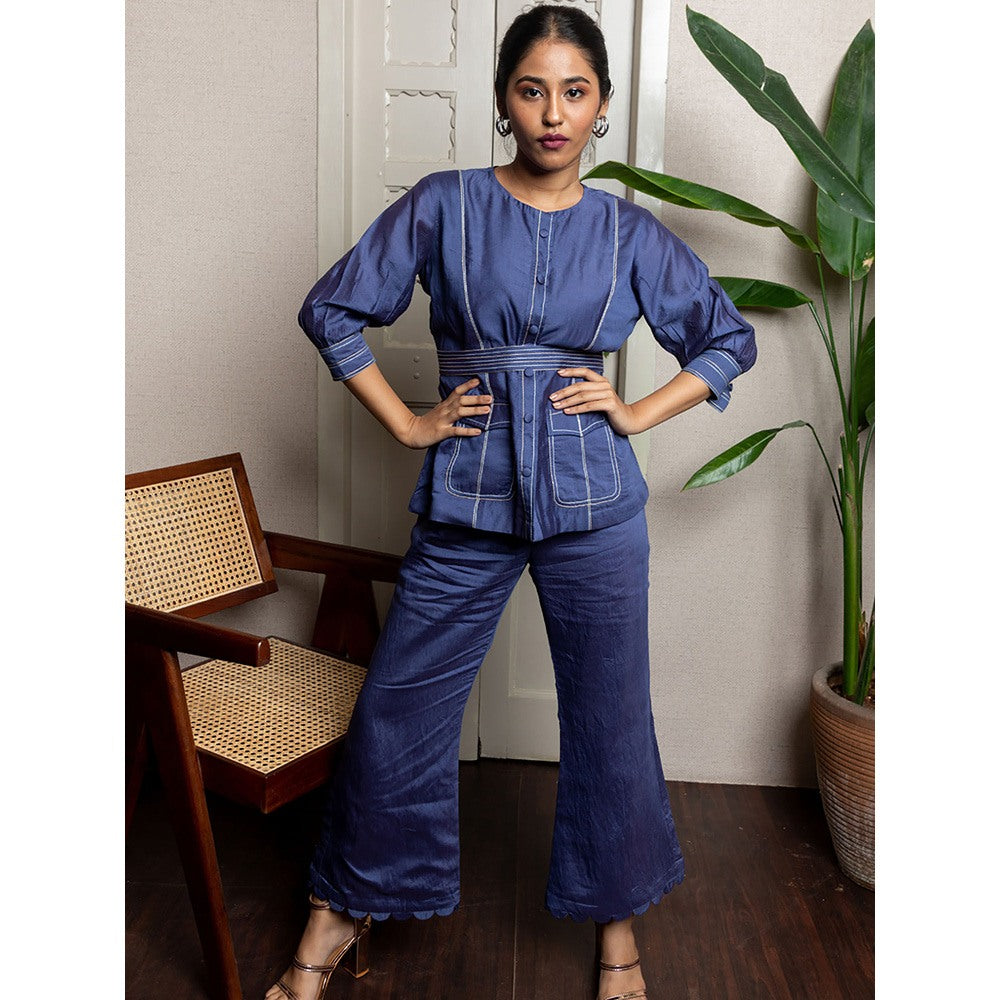 LABEL KIARSH Solid Blue Co-Ord with Belt (Set of 3)