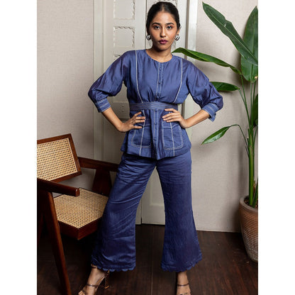 LABEL KIARSH Solid Blue Co-Ord with Belt (Set of 3)