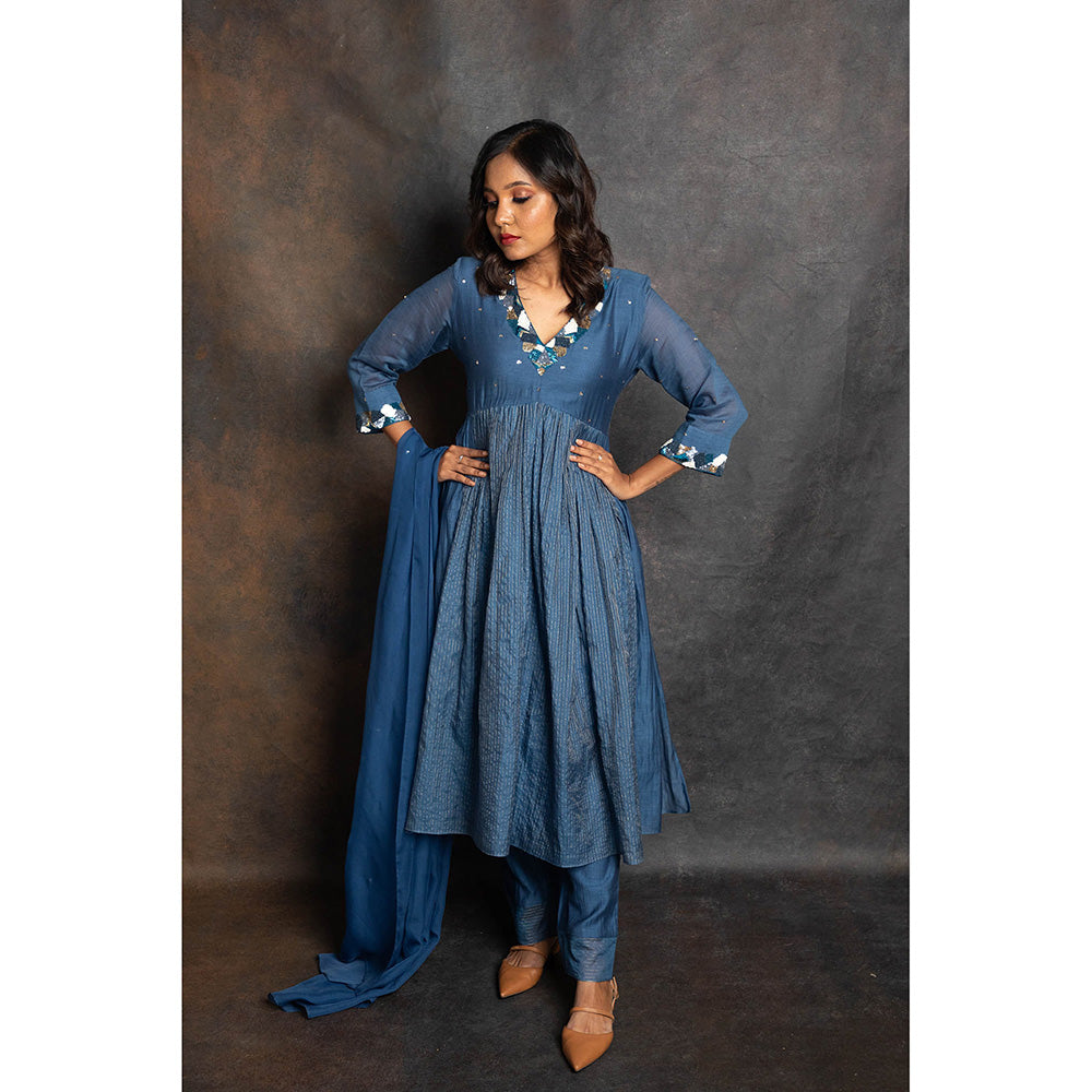 LABEL KIARSH Blue Embellished Gathered Anarkali with Pant and Dupatta (Set of 3)