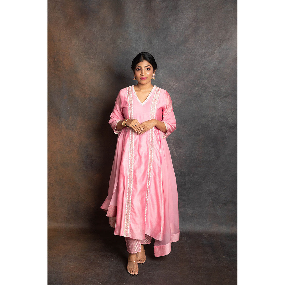 LABEL KIARSH Carnation Pink Banarasi Anarkali with Pant and Dupatta (Set of 3)