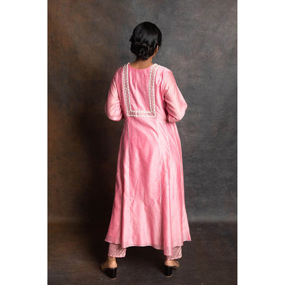 LABEL KIARSH Carnation Pink Banarasi Anarkali with Pant and Dupatta (Set of 3)