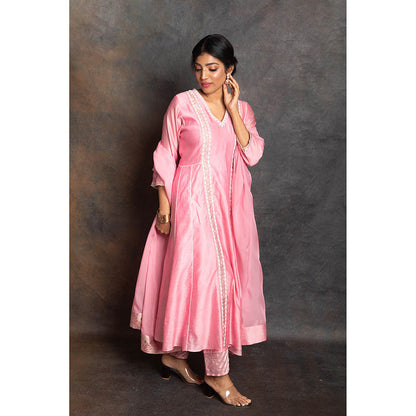 LABEL KIARSH Carnation Pink Banarasi Anarkali with Pant and Dupatta (Set of 3)