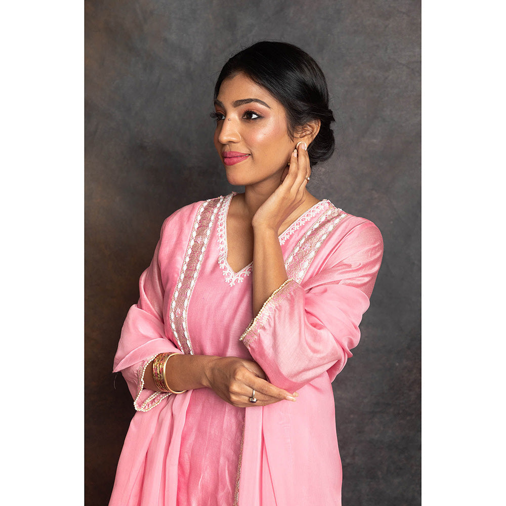 LABEL KIARSH Carnation Pink Banarasi Anarkali with Pant and Dupatta (Set of 3)