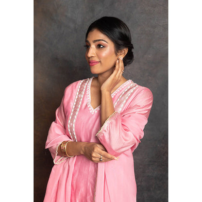 LABEL KIARSH Carnation Pink Banarasi Anarkali with Pant and Dupatta (Set of 3)