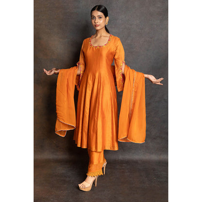 LABEL KIARSH Rust Orange Embellished Kali Anarkali with Pant and Dupatta (Set of 3)