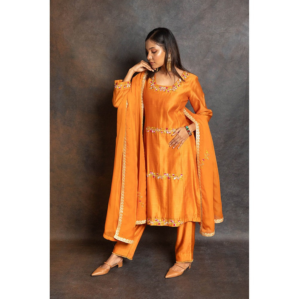 LABEL KIARSH Rust Orange Embellished Kurta with Pant and Dupatta (Set of 3)