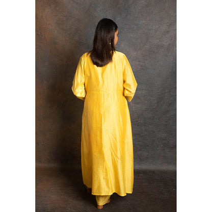 LABEL KIARSH Vivid Yellow Flared Jacket with Pant and Trouser (Set of 4)
