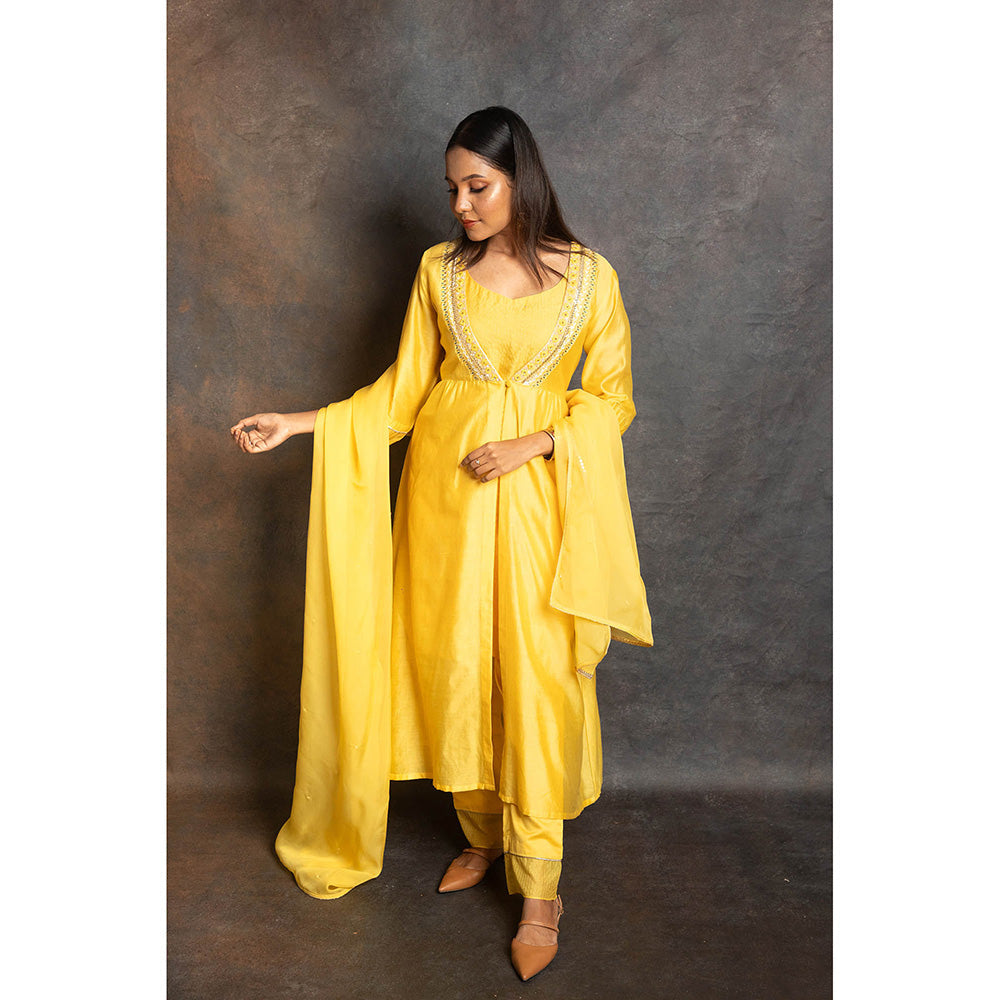 LABEL KIARSH Vivid Yellow Flared Jacket with Pant and Trouser (Set of 4)