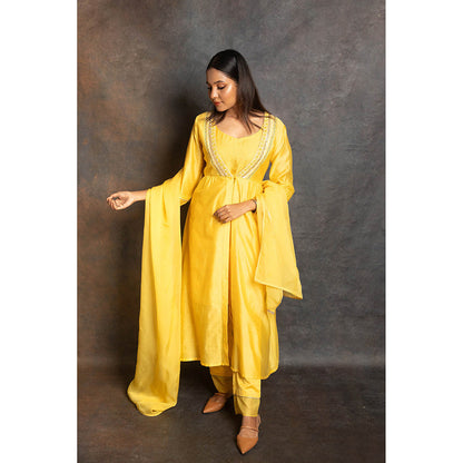 LABEL KIARSH Vivid Yellow Flared Jacket with Pant and Trouser (Set of 4)