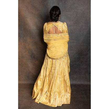 LABEL KIARSH Fusion Gold Lehenga with Blouse and Dupatta (Set of 3)