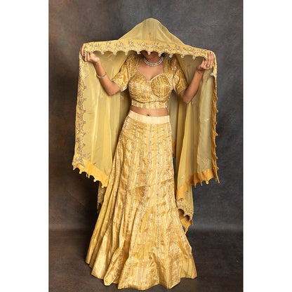 LABEL KIARSH Fusion Gold Lehenga with Blouse and Dupatta (Set of 3)