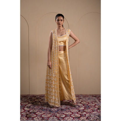 LABEL TANYA CHOPRA Pastel Yellow Organza Jacket with Blouse and Pant (Set of 3)