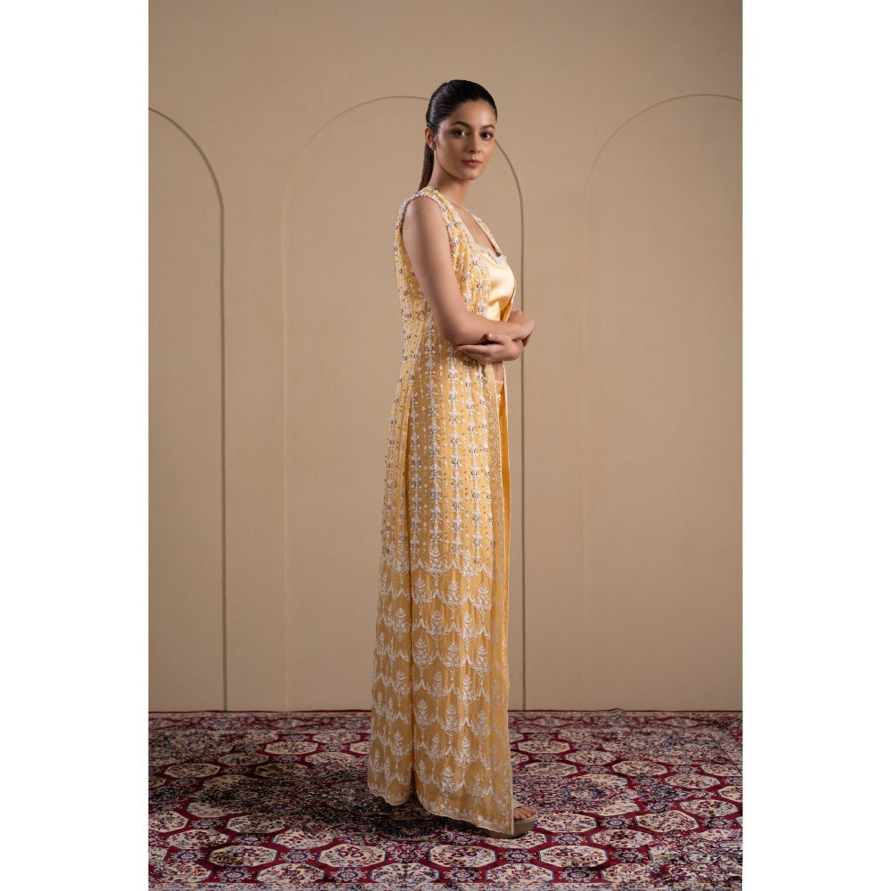 LABEL TANYA CHOPRA Pastel Yellow Organza Jacket with Blouse and Pant (Set of 3)
