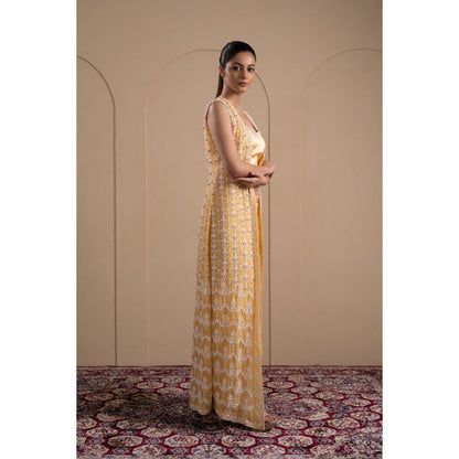 LABEL TANYA CHOPRA Pastel Yellow Organza Jacket with Blouse and Pant (Set of 3)