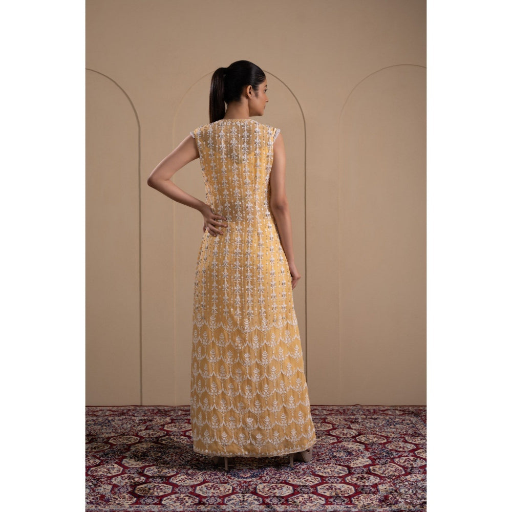 LABEL TANYA CHOPRA Pastel Yellow Organza Jacket with Blouse and Pant (Set of 3)