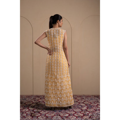 LABEL TANYA CHOPRA Pastel Yellow Organza Jacket with Blouse and Pant (Set of 3)