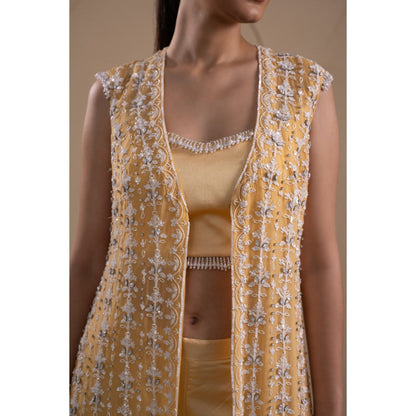 LABEL TANYA CHOPRA Pastel Yellow Organza Jacket with Blouse and Pant (Set of 3)
