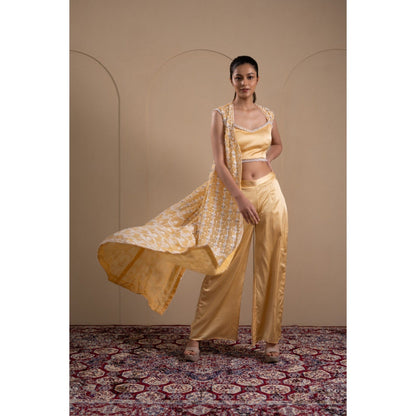 LABEL TANYA CHOPRA Pastel Yellow Organza Jacket with Blouse and Pant (Set of 3)