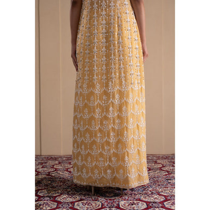 LABEL TANYA CHOPRA Pastel Yellow Organza Jacket with Blouse and Pant (Set of 3)