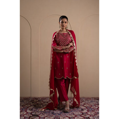 LABEL TANYA CHOPRA Deep Red Kurta and Trouser with Dupatta (Set of 3)