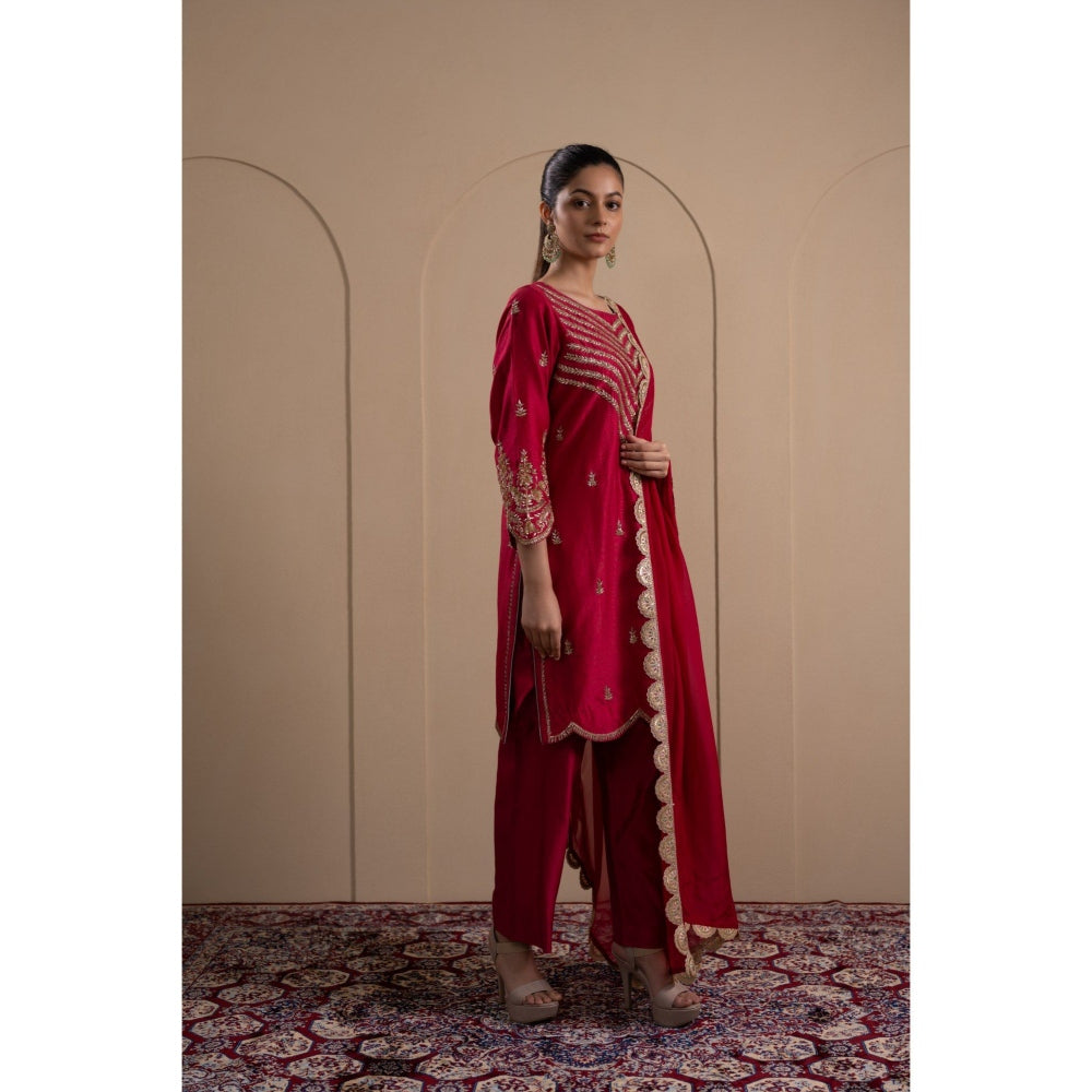 LABEL TANYA CHOPRA Deep Red Kurta and Trouser with Dupatta (Set of 3)