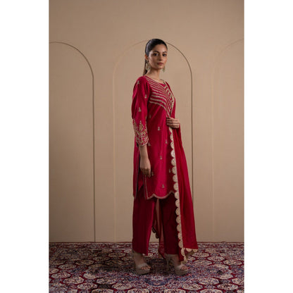LABEL TANYA CHOPRA Deep Red Kurta and Trouser with Dupatta (Set of 3)