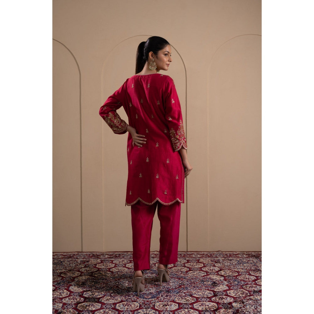 LABEL TANYA CHOPRA Deep Red Kurta and Trouser with Dupatta (Set of 3)