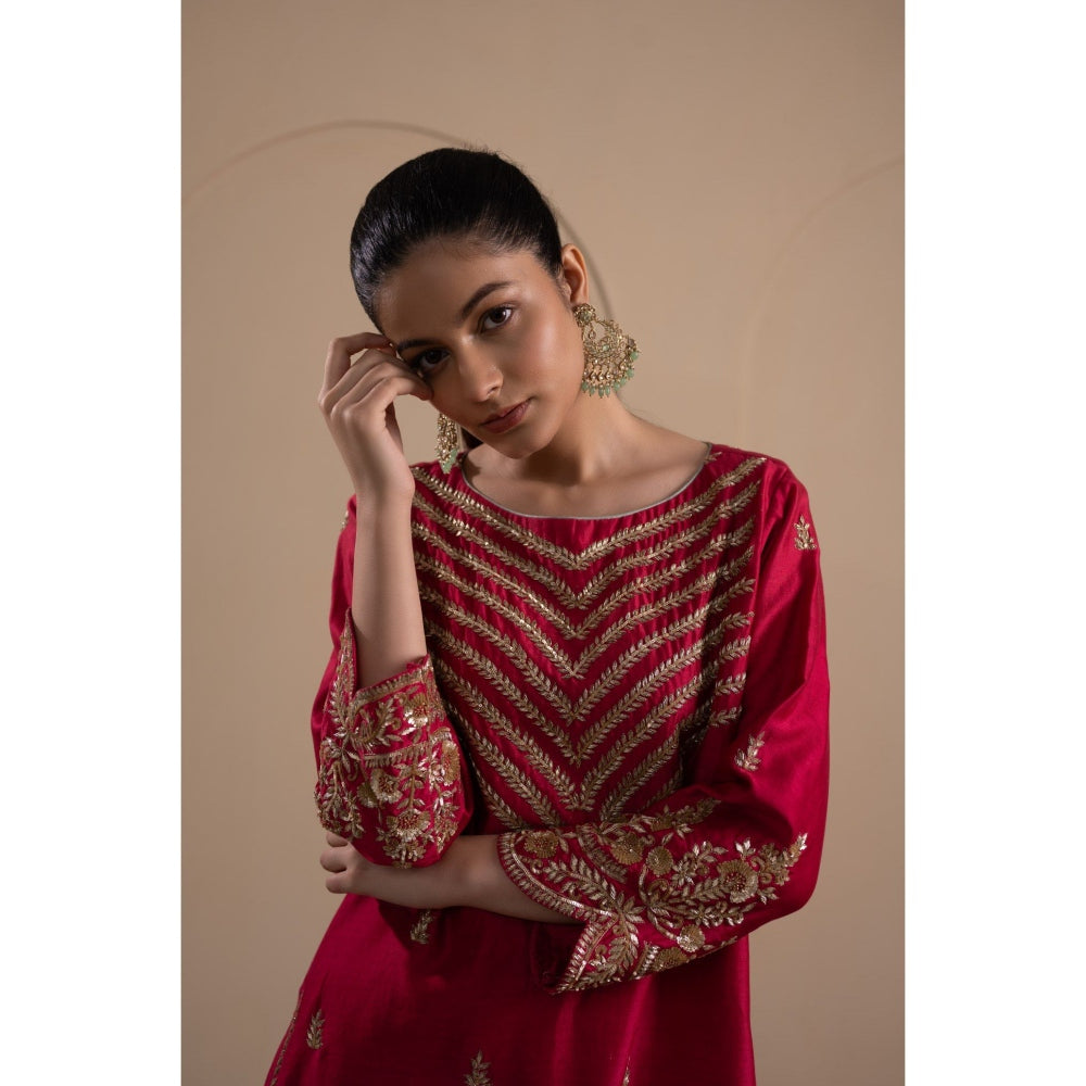 LABEL TANYA CHOPRA Deep Red Kurta and Trouser with Dupatta (Set of 3)