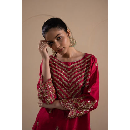 LABEL TANYA CHOPRA Deep Red Kurta and Trouser with Dupatta (Set of 3)