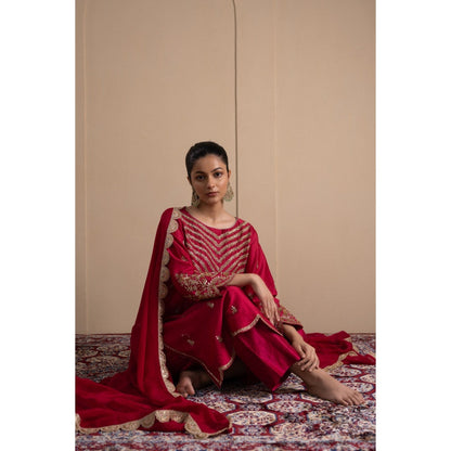 LABEL TANYA CHOPRA Deep Red Kurta and Trouser with Dupatta (Set of 3)