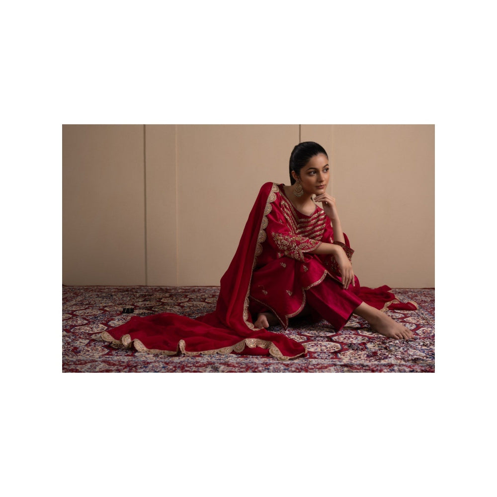 LABEL TANYA CHOPRA Deep Red Kurta and Trouser with Dupatta (Set of 3)