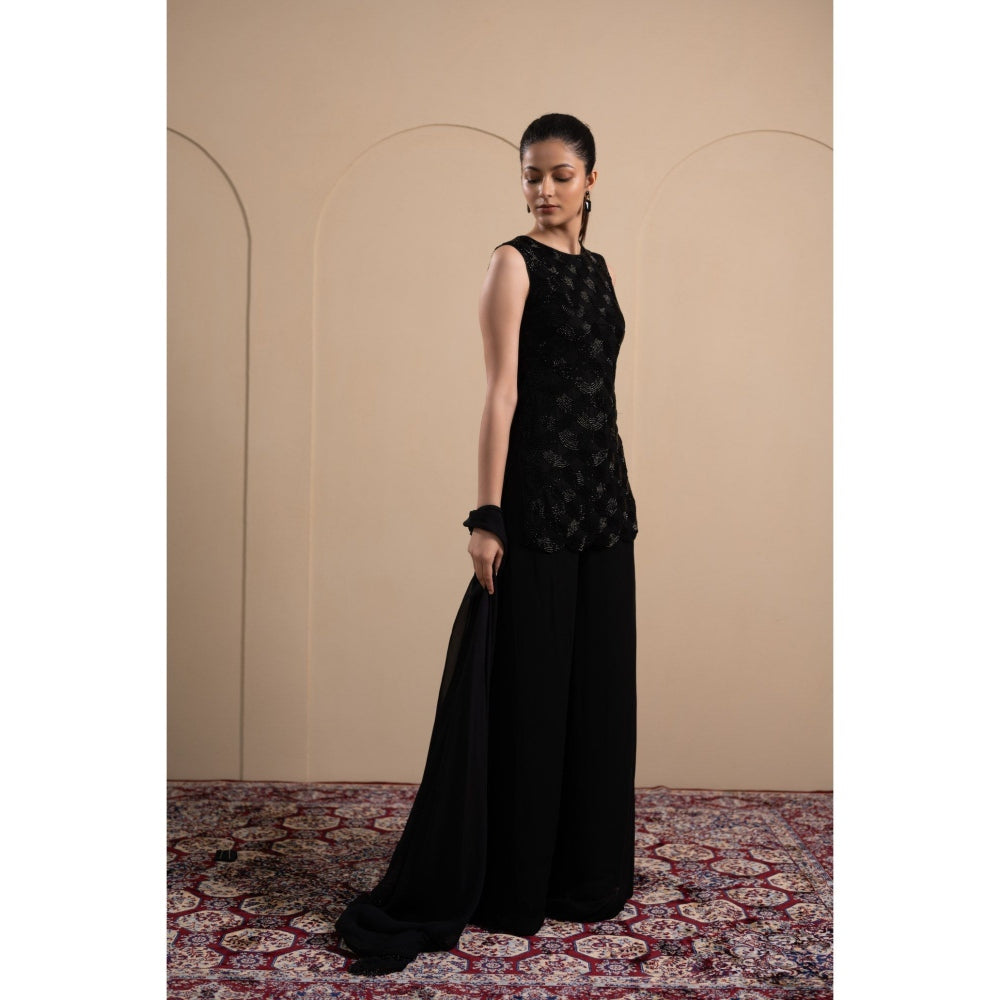 LABEL TANYA CHOPRA Black Kurta and Palazzos with Dupatta (Set of 3)