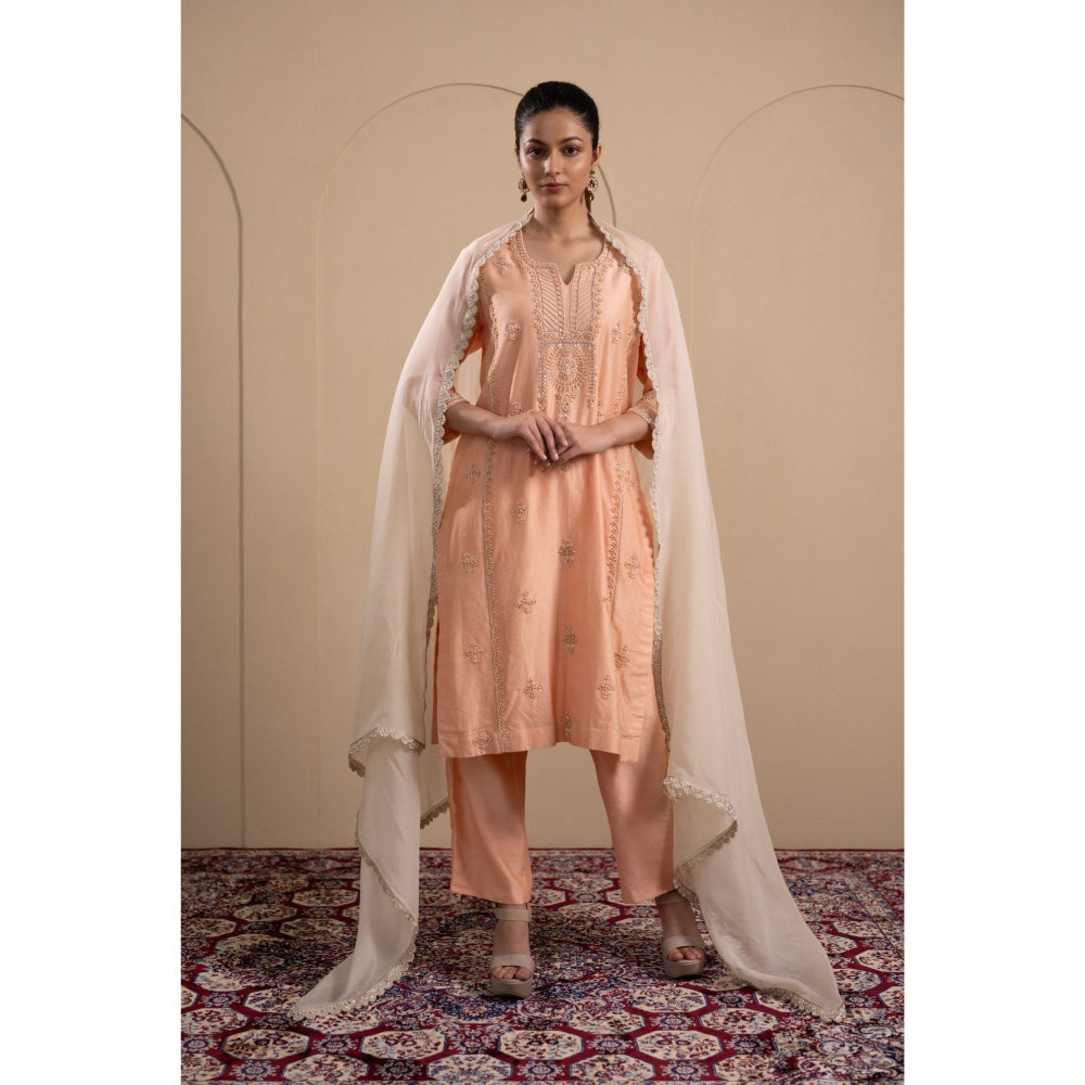 LABEL TANYA CHOPRA Peach and Cream Kurta with Trouser and Dupatta (Set of 3)