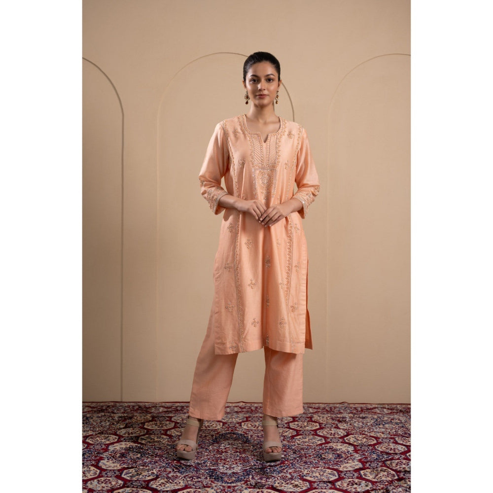 LABEL TANYA CHOPRA Peach and Cream Kurta with Trouser and Dupatta (Set of 3)
