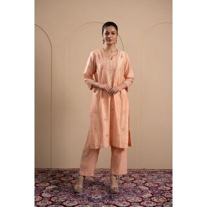 LABEL TANYA CHOPRA Peach and Cream Kurta with Trouser and Dupatta (Set of 3)