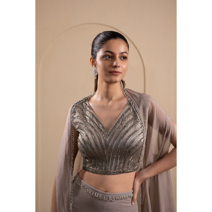 LABEL TANYA CHOPRA Grey Georgette Blouse and Palazzos with Dupatta (Set of 3)