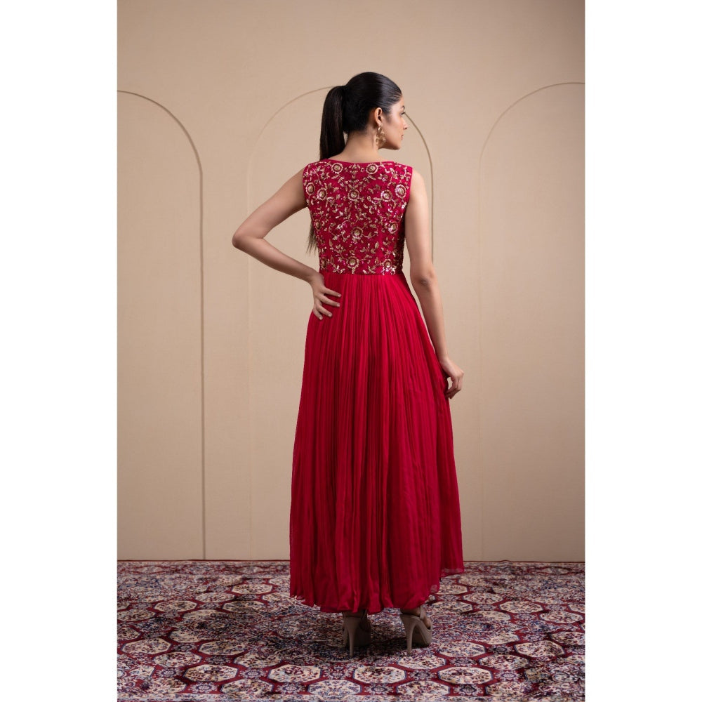 LABEL TANYA CHOPRA Pink Georgette Anarkali Gown with Pants (Set of 2)