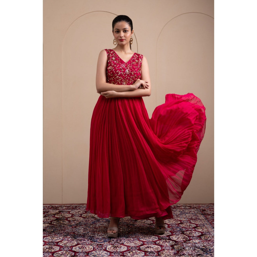 LABEL TANYA CHOPRA Pink Georgette Anarkali Gown with Pants (Set of 2)