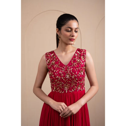 LABEL TANYA CHOPRA Pink Georgette Anarkali Gown with Pants (Set of 2)