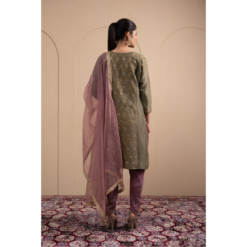 LABEL TANYA CHOPRA Olive Green Chanderi Kurta and Dhoti with Dupatta (Set of 3)
