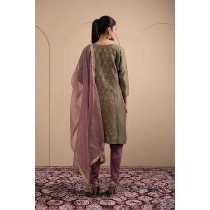 LABEL TANYA CHOPRA Olive Green Chanderi Kurta and Dhoti with Dupatta (Set of 3)