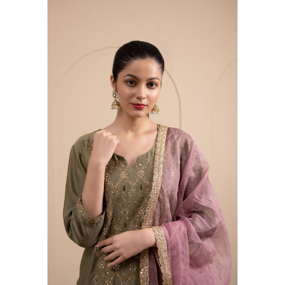 LABEL TANYA CHOPRA Olive Green Chanderi Kurta and Dhoti with Dupatta (Set of 3)