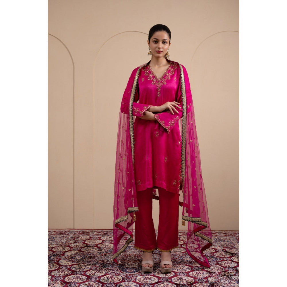 LABEL TANYA CHOPRA Pink Satin Kurta and Trouser with Dupatta (Set of 3)