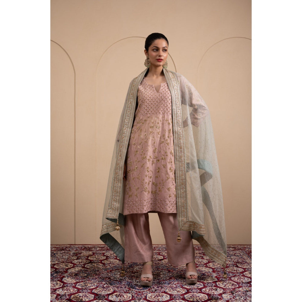 LABEL TANYA CHOPRA Pink Chanderi Kurta and Trouser with Dupatta (Set of 3)